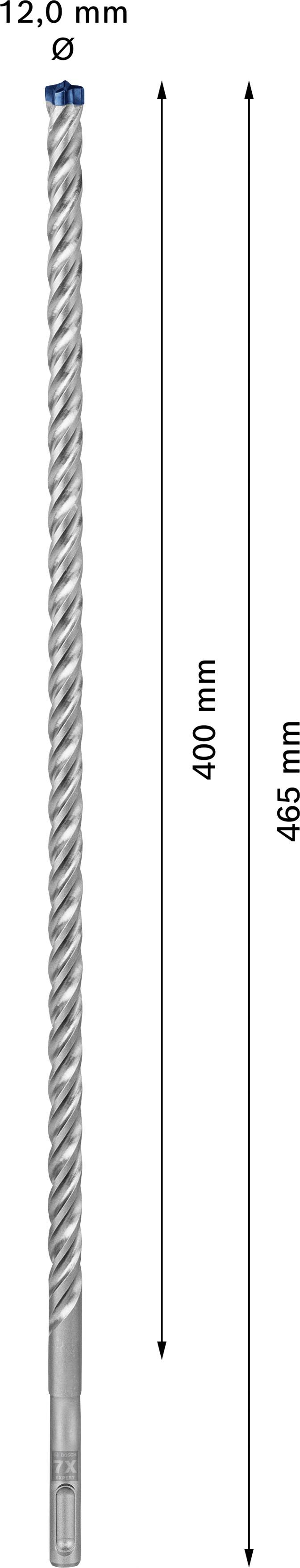 'Boor met diameter 12,0 mm en lengte 465 mm, waarvan 400 mm spiraalvormig. Pijlen tonen lengtematen.'