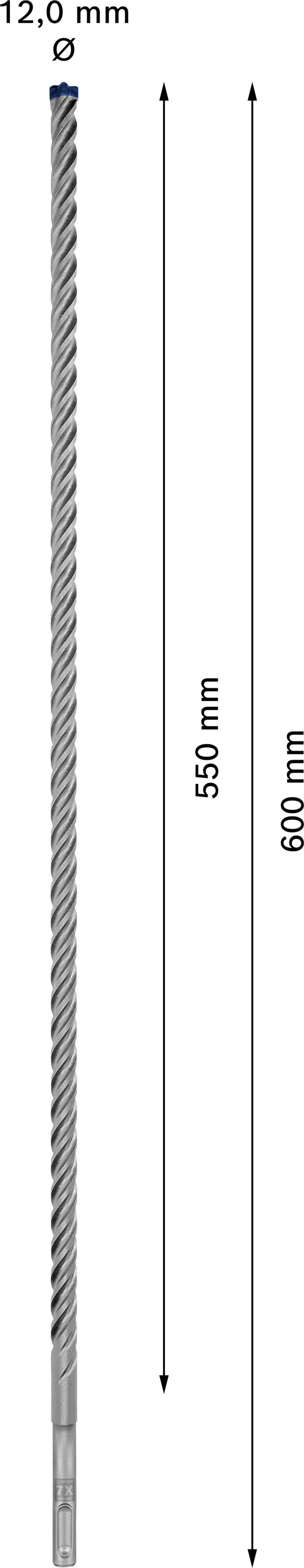 Lange, spiraalvormige boor, 600 mm lang en 12,0 mm diameter, met een gemarkeerde gebruikslengte van 550 mm.