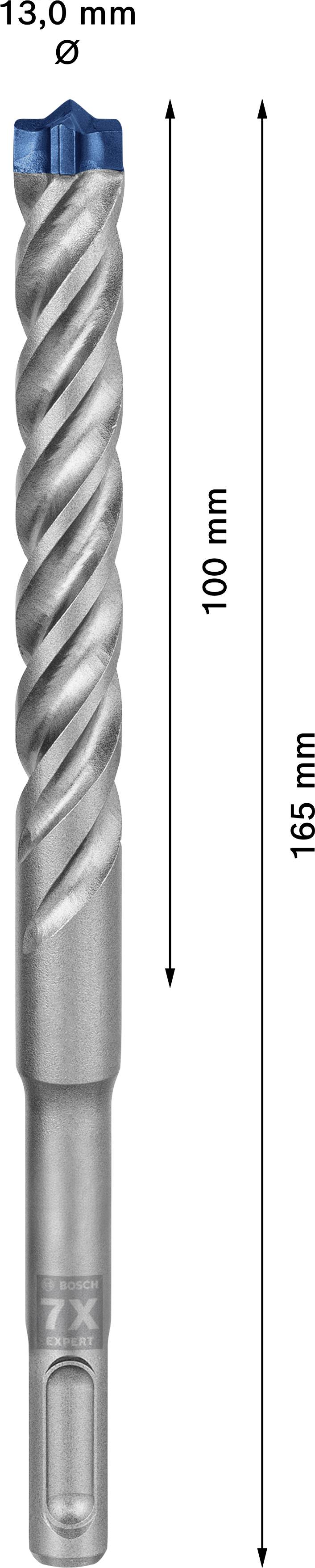 Een zilveren boor met een spiraalvormige punt, een diameter van 13,0 mm en een totale lengte van 165 mm, boordiepte 100 mm.