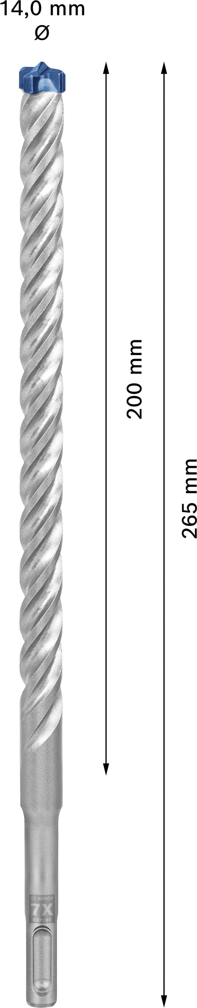 'Boor met 14,0 mm diameter, 265 mm lengte. Spiraalvormig met 200 mm bruikbare lengte.'