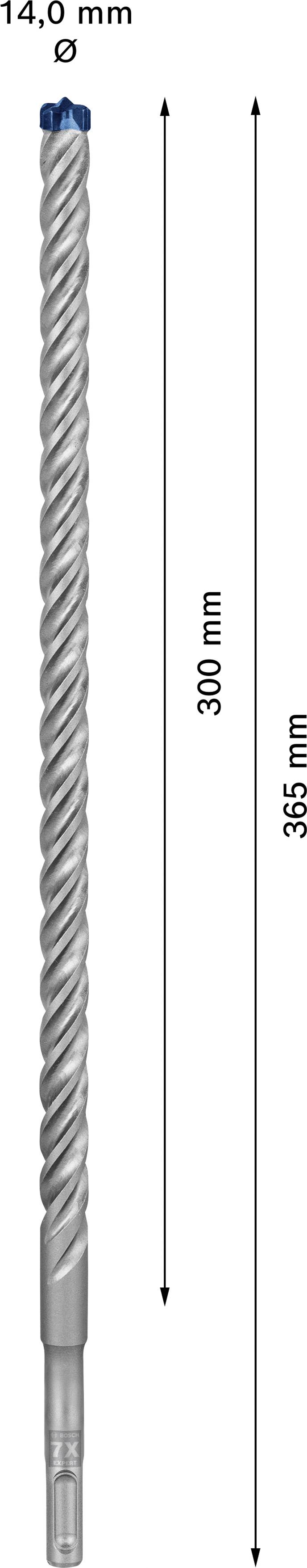 Boor, 14,0 mm diameter, lengte 300 mm, totale lengte 365 mm. Spiraalontwerp, geschikt voor precies boren in beton.