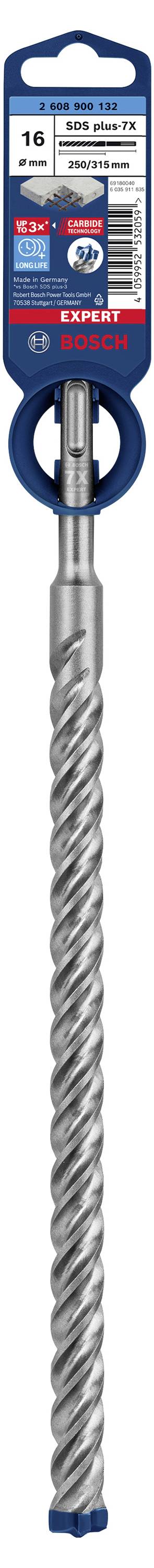 Een lange, metalen boor met een spiraalvormige punt, geschikt voor beton en metselwerk, met een blauwe verpakking bovenaan.