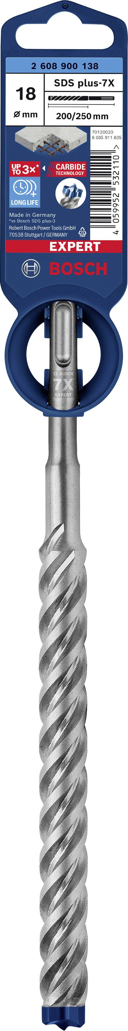 Boor met blauwe punt, opschrift 'Bosch SDS-plus-5X', diameter 18 mm, lengte 200 mm. Geschikt voor beton en metselwerk.