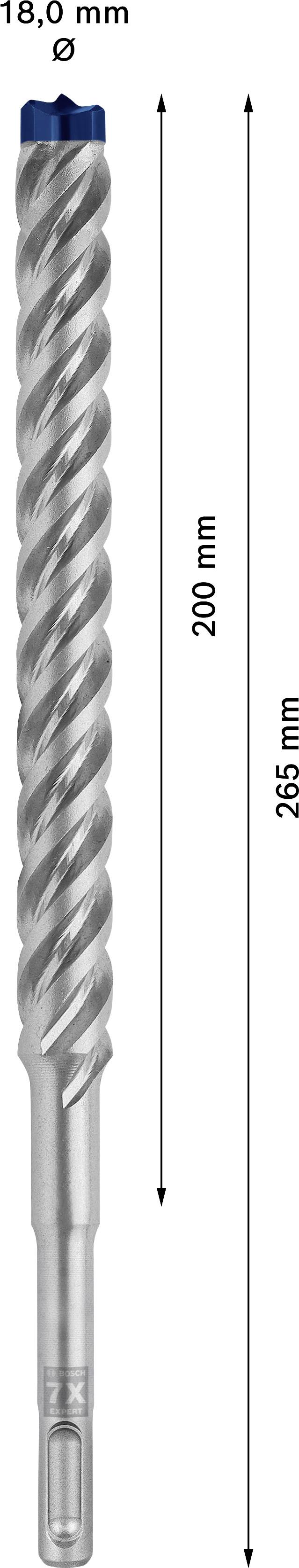 'Boor met SDS-plus-schacht, totale lengte 265 mm, werklengte 200 mm, diameter 18 mm.'