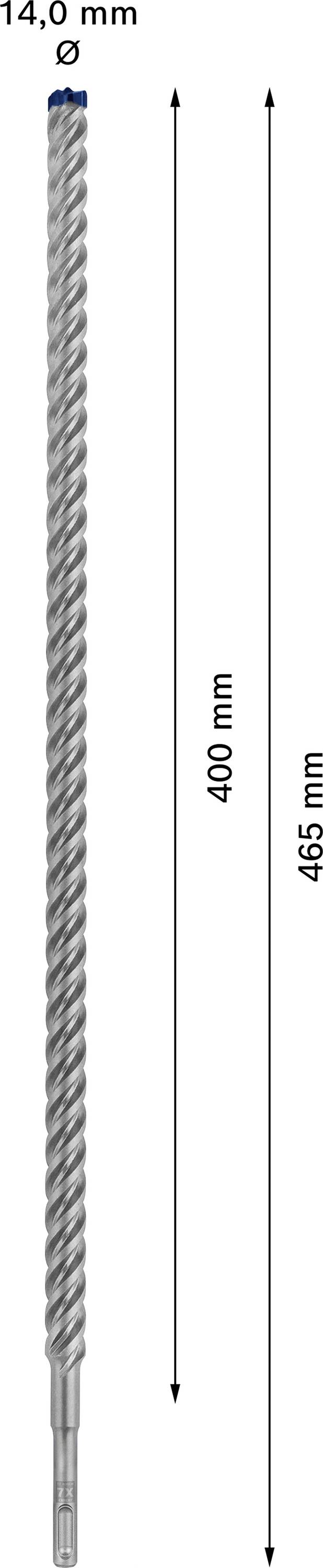 'Boor met 14,0 mm diameter, totale lengte 465 mm, werklengte 400 mm, spiraalvormig ontwerp, grijs metaal.'