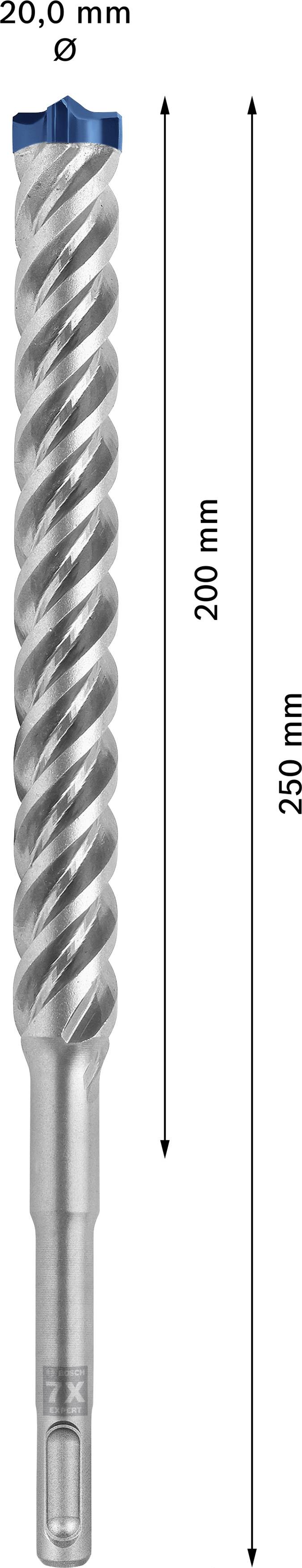 Boor met een lengte van 250 mm, een snijgedeelte van 200 mm en een diameter van 20,0 mm.