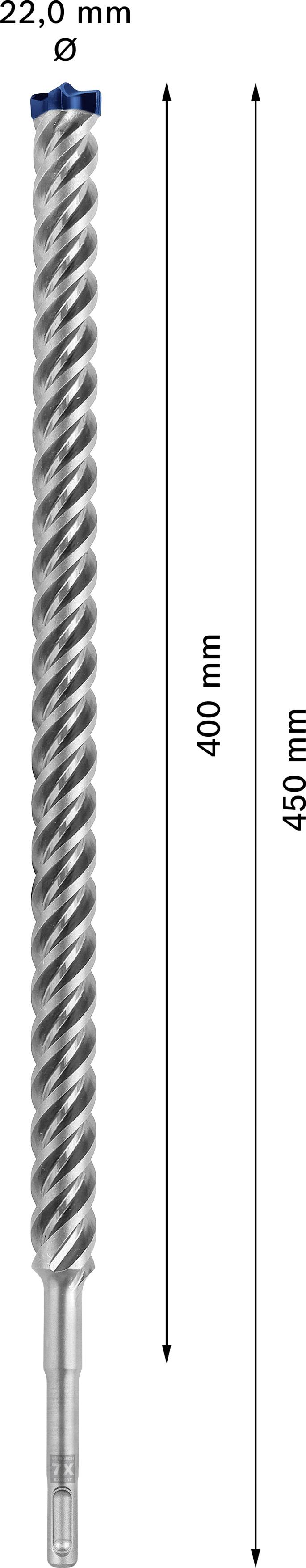 'Boor met 22,0 mm diameter, lengte 400 mm totaal 450 mm, zilverkleurig, spiraalvormig, SDS-aansluiting.'