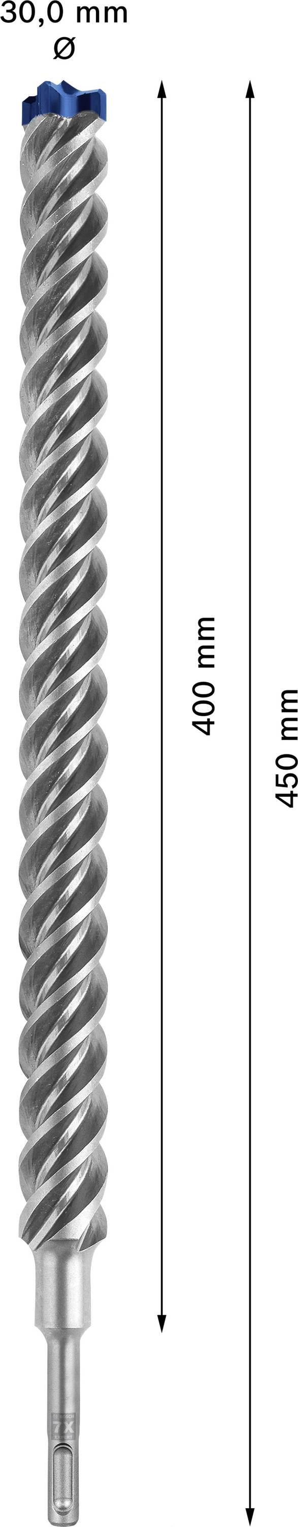Boor met 30,0 mm diameter en 450 mm lengte. Spiraalvormig ontwerp, hoofdgedeelte meet 400 mm.