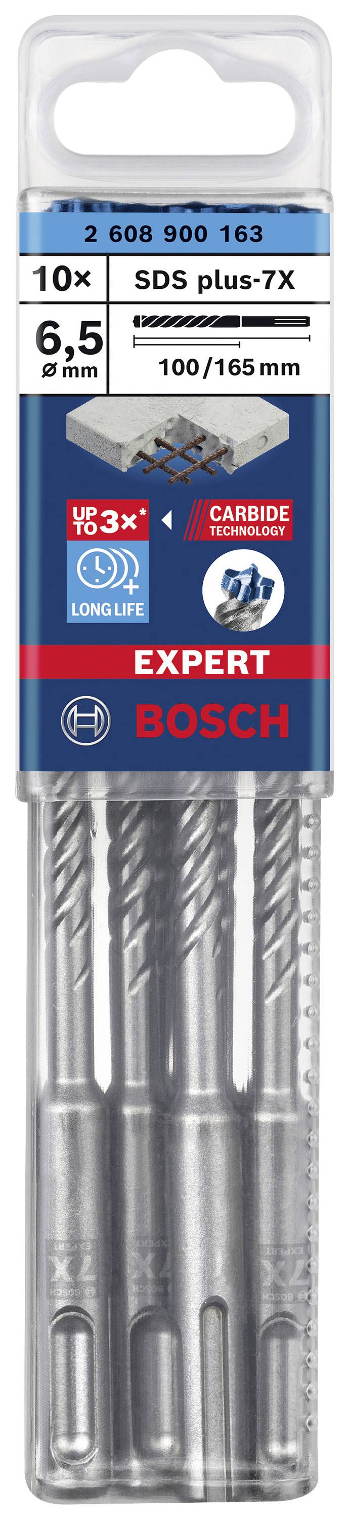 Metalen verpakking met 10 Bosch SDS plus-7X boren, 6,5 x 100/165 mm, benadrukt duurzaamheid en geschiktheid voor metselwerk.