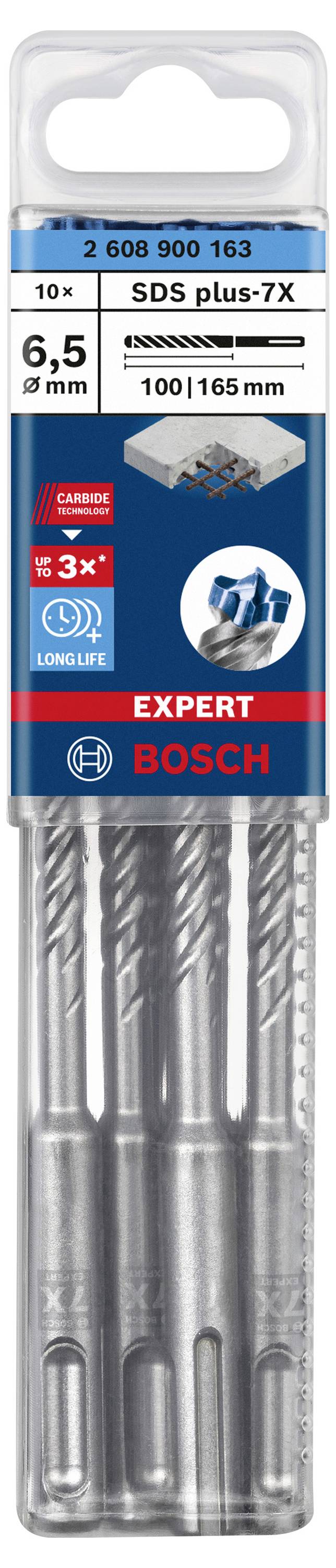Bosch boorset met 'SDS plus-7X' boren, maat 6,5 x 100/165 mm, geschikt voor beton. Verpakking toont drie boorpunten.