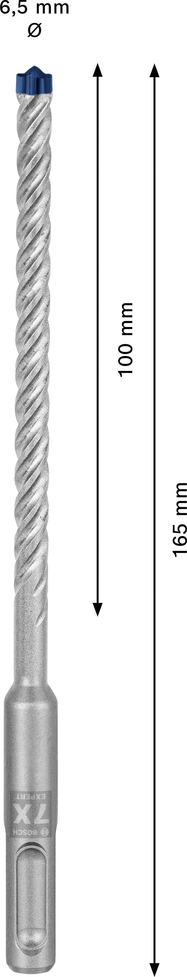 'Boor met 6,5 mm diameter, totale lengte 165 mm, werkdiepte 100 mm, grijze spiraalsnede met blauwe verbinding aan de punt.'