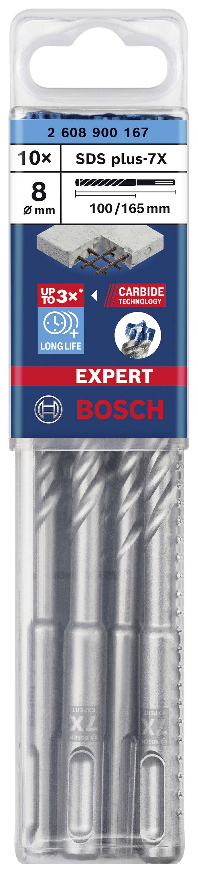 'Bosch Expert' boorset, 10 stuks, SDS plus-7X, 8 mm, lengte 100/165 mm, geschikt voor betonboringen, duurzaam met hardmetalen punt.