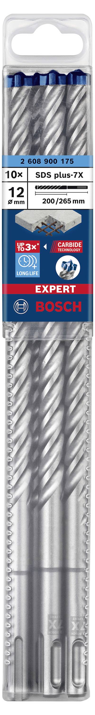 Een set van tien Bosch SDS Plus-7X boren, diameter 12 mm, in een kunststof verpakking. Geschikt voor betonwerkzaamheden.