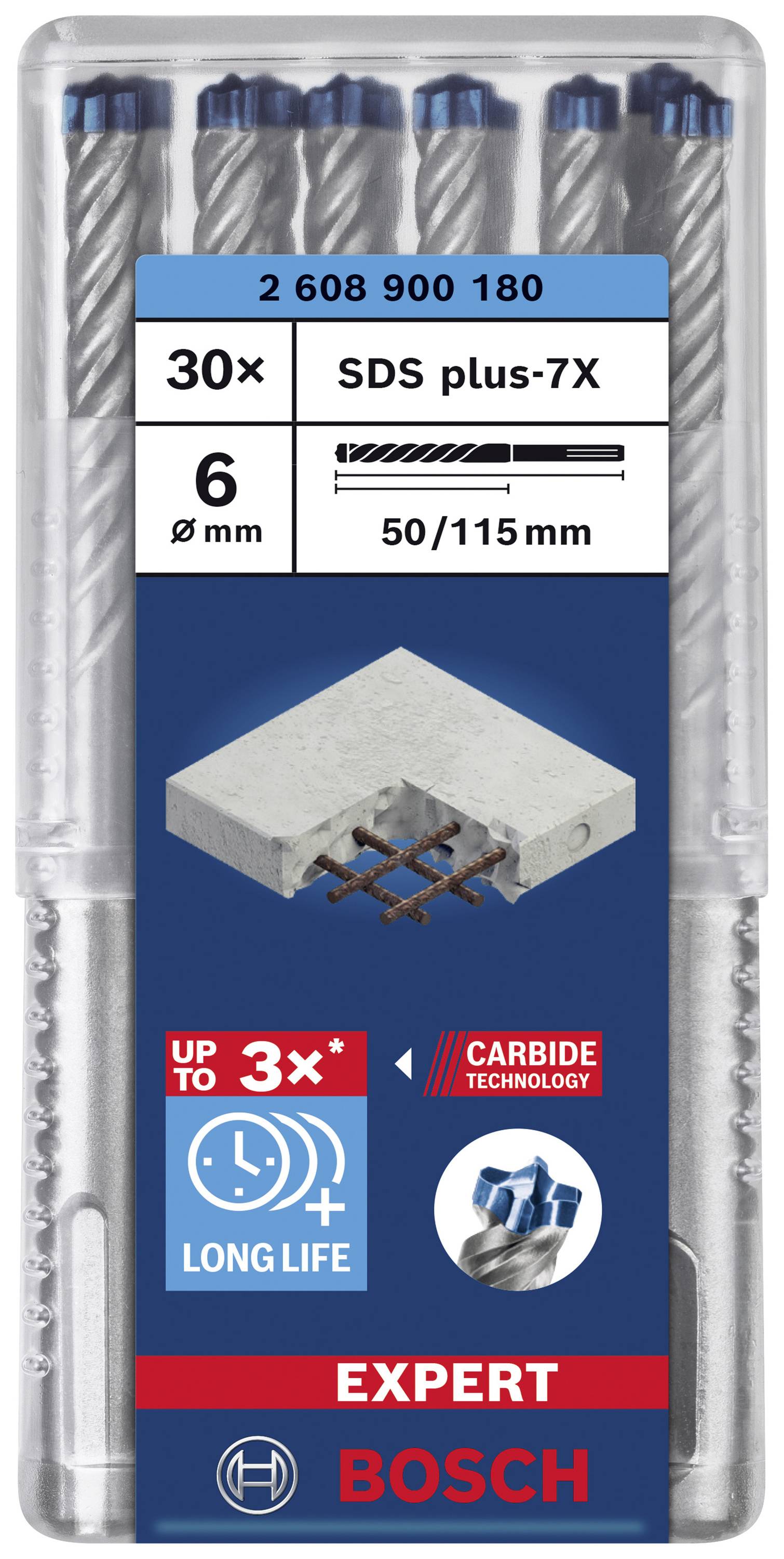 Bosch borenset met 30 SDS plus-7X boren, diameter 6 mm, lengte 50/115 mm, geschikt voor beton. Verpakking toont vier boren.