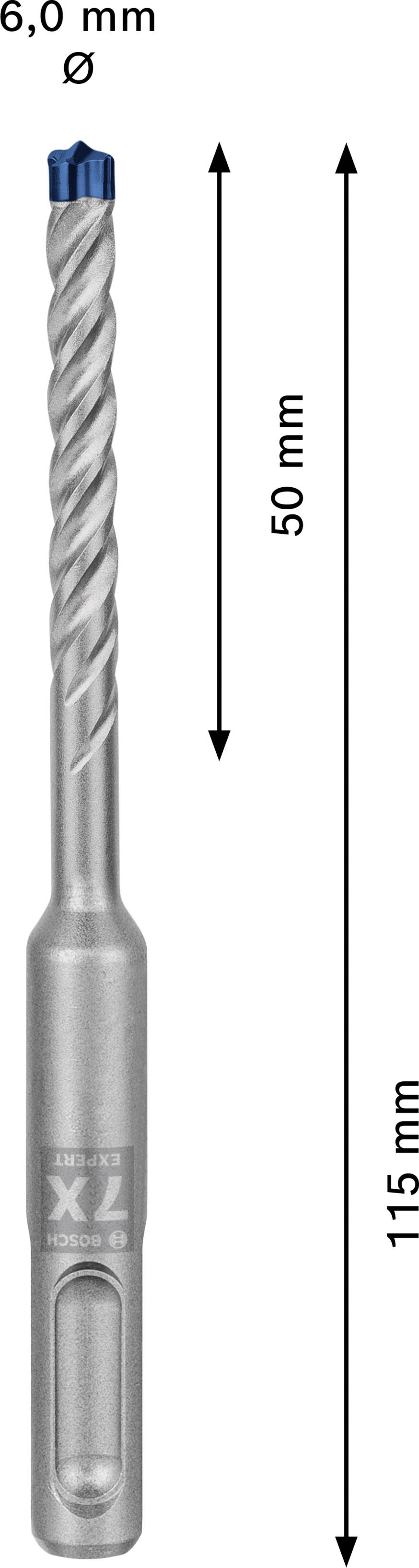 Boor met 6,0 mm diameter, 50 mm werklengte en 115 mm totale lengte.