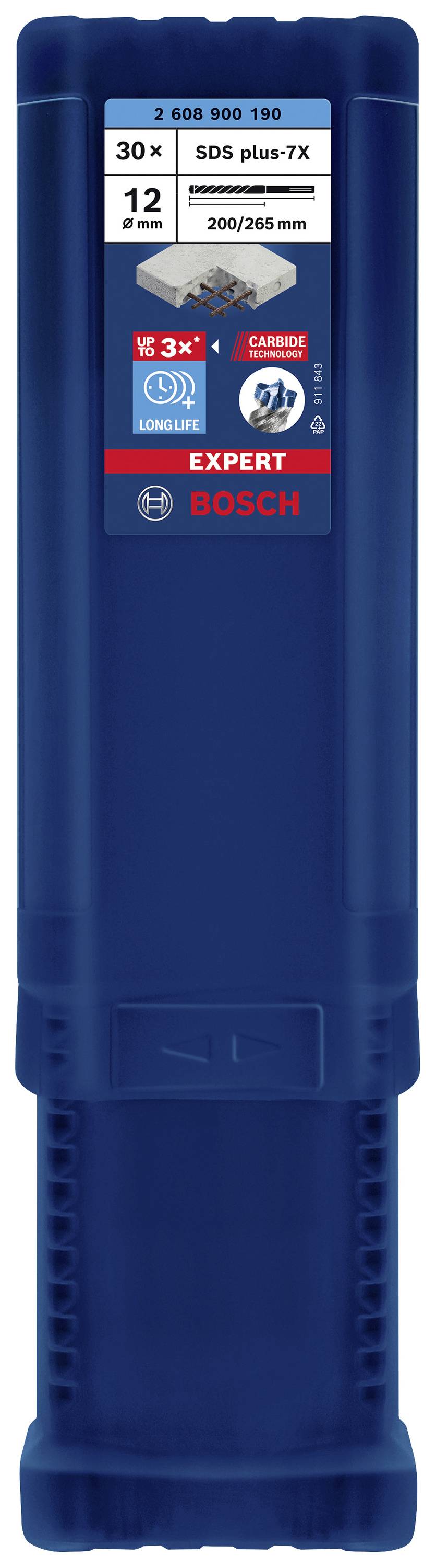 Blauwe boorhouder met etiket: 'SDS plus-7X', geschikt voor boren met 12 mm diameter en 200/265 mm lengte, merk Bosch.