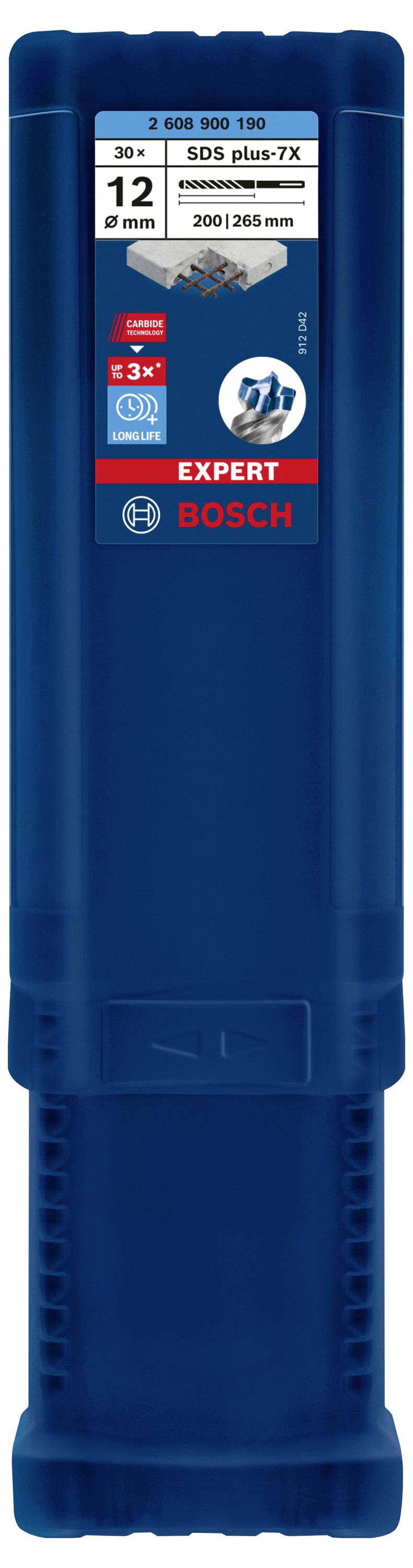 Een blauwe verpakking van Bosch voor een boorset met de opdruk 'SDS plus-7X', '12 mm', '200/265 mm', voor betonboren.