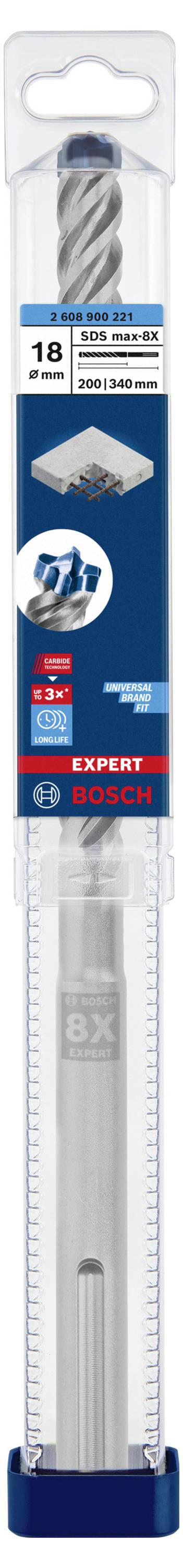 Bosch-boor in een plastic verpakking, geschikt voor verschillende materialen zoals metaal en hout, met productinformaties op het etiket.
