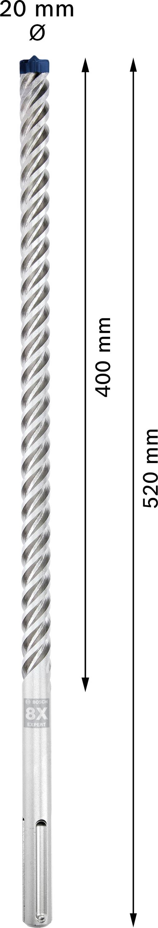 Een lange boor met een diameter van 20 mm en een totale lengte van 550 mm, waarvan 400 mm werklengte, wordt getoond.