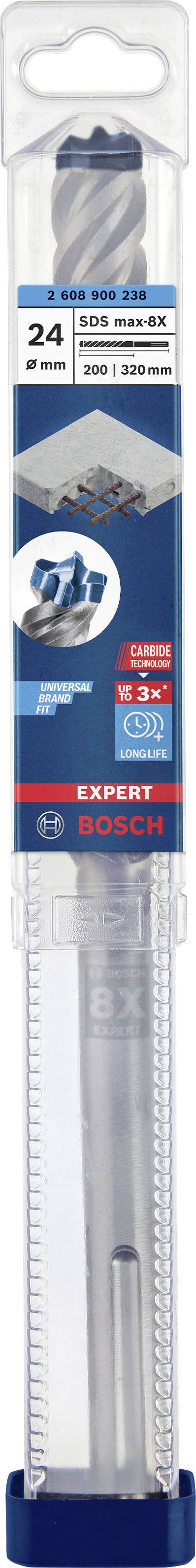 Bosch boorset-verpakking, geschikt voor metaal en steen. Bevat twee boren, aangeduid met diameter- en lengtespecificaties.