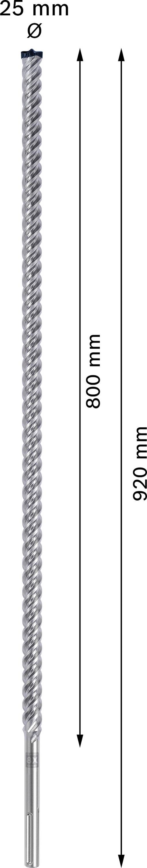 Boor met 25 mm diameter, 920 mm totale lengte en 800 mm bruikbare lengte wordt getoond.
