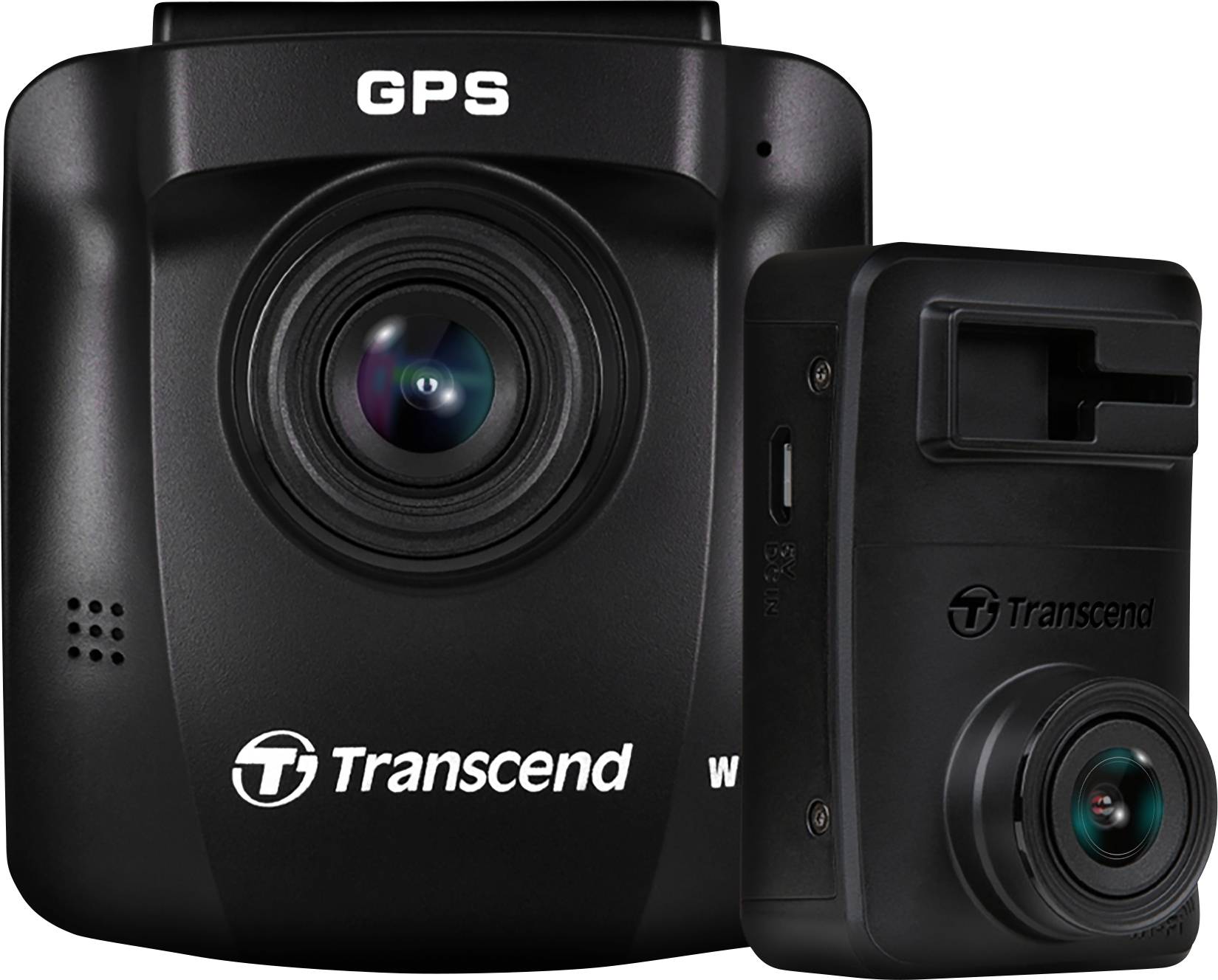 Autocamera met GPS-module van Transcend. De camera heeft een groot objectief en een tweede, kleiner apparaat ernaast.