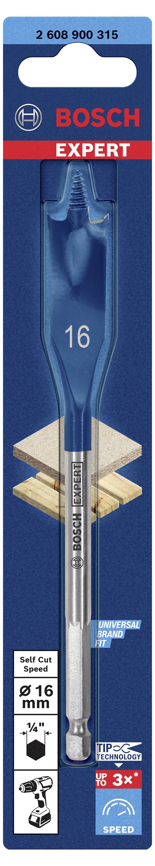 Platte frees/boor van Bosch, 16 mm, in blauw ontwerp. Verpakking met houtboorsymbolen, markering 'EXPERT' en vermelding van snelheid en levensduur.