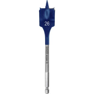 Boor met een platte, schopvormige kop met de opdruk '26', geschikt voor houtbewerkingen. Markering 'BOSCH' op de steel.