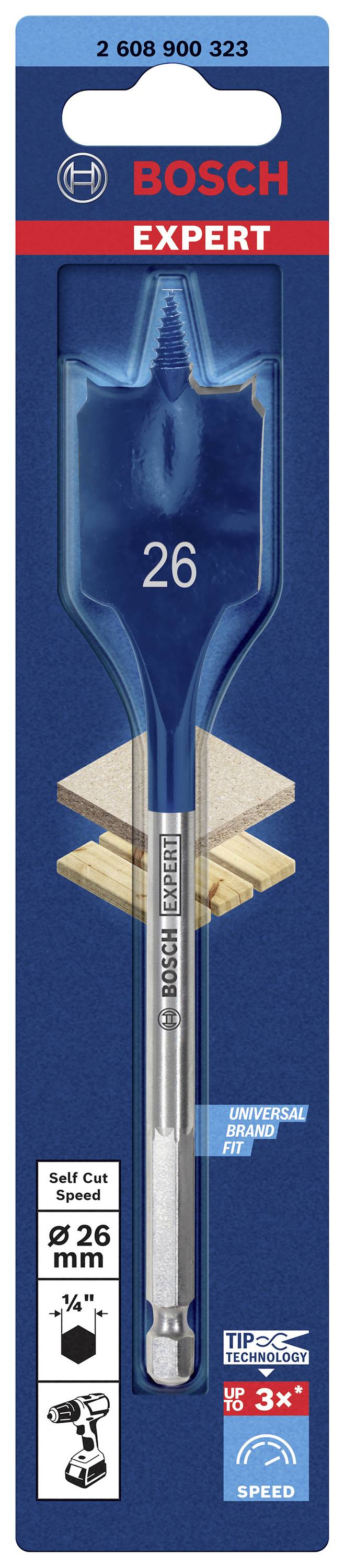'Bosch Expert' houtboor, Ø 26 mm, langssnijkant met punt, voor hout, verpakt in blauw met houten schijf en merklogo.
