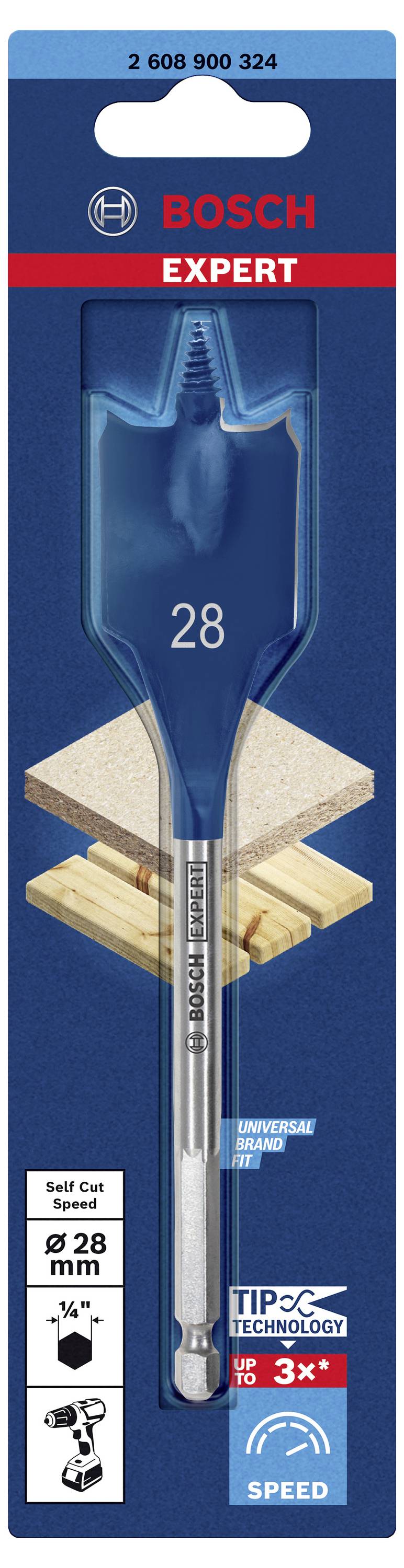 'Bosch Expert' vlakfrees voor hout, Ø 28 mm, in verpakking. Gemarkeerd hout en boor afgebeeld, blauwe kleurstelling.