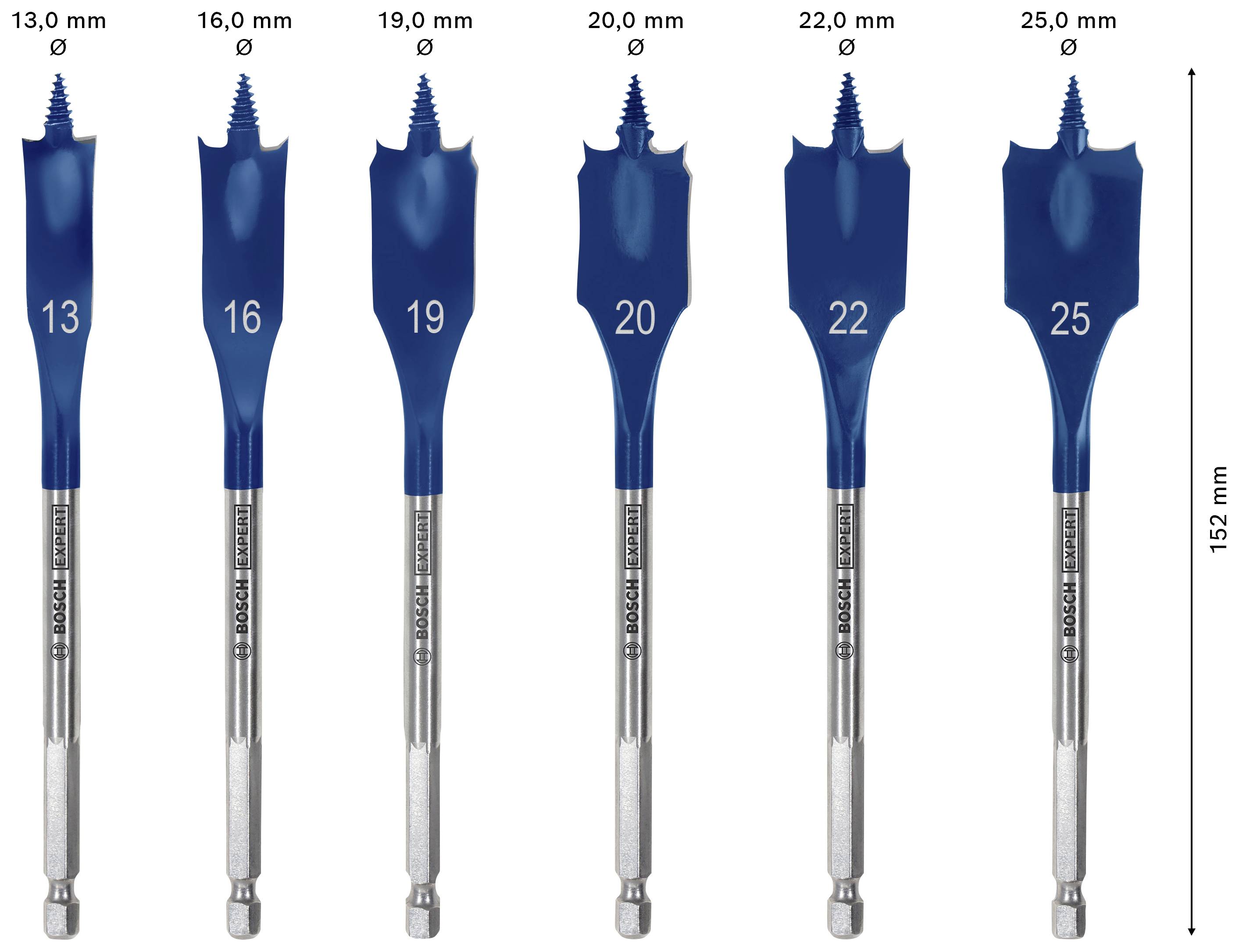 Zes blauwe houtboren met verschillende diameters: 13,0 mm, 16,0 mm, 19,0 mm, 20,0 mm, 22,0 mm, 25,0 mm. Allemaal 152 mm lang.