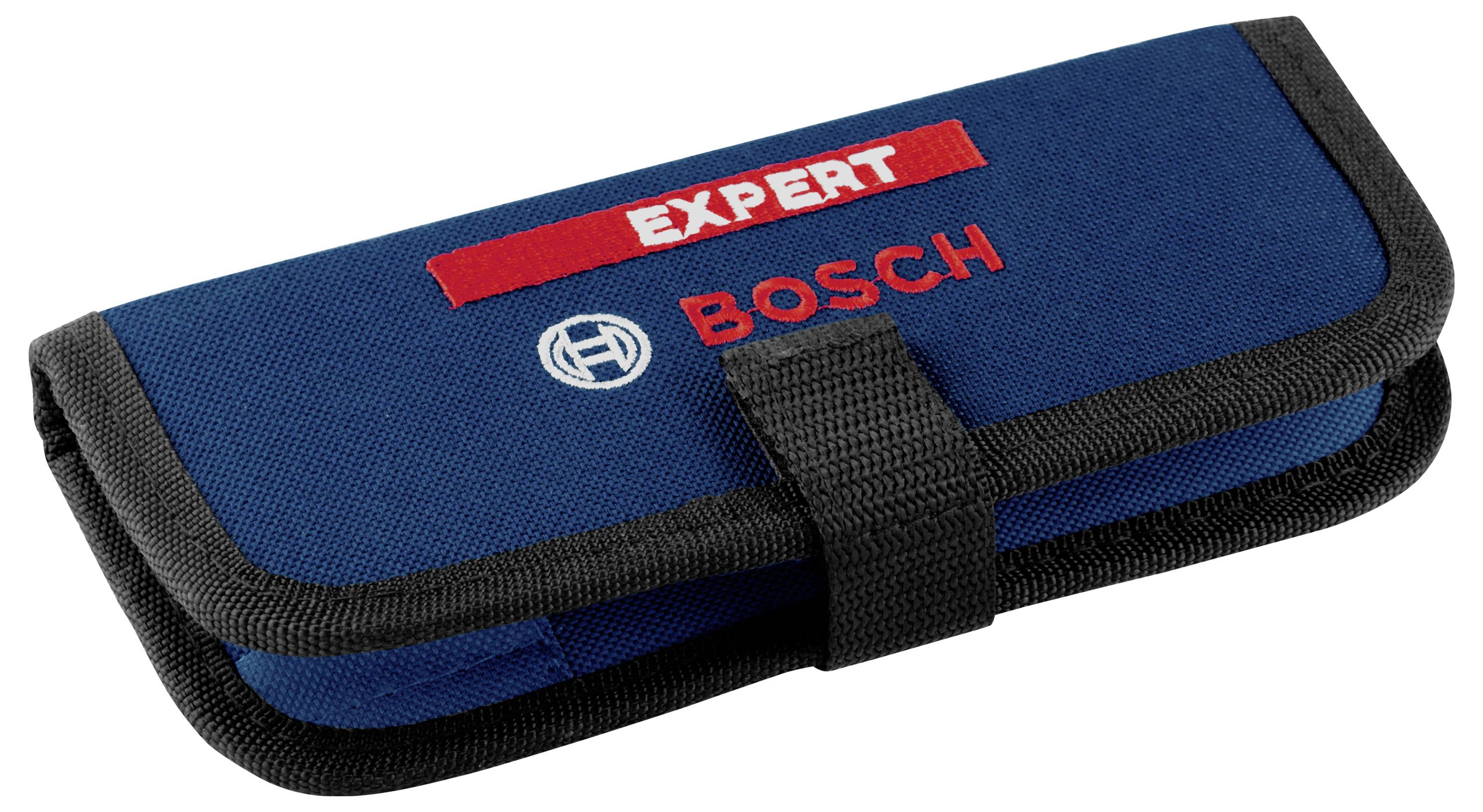Een blauwe etui met een zwarte rand en klittenbandsluiting, voorzien van de opdruk 'EXPERT BOSCH' in rood en wit.