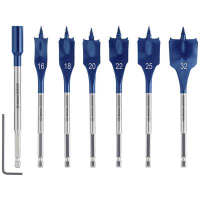 Satz vlakfreesboren-set met zeven boren in maten van 16 tot 32 mm en een inbussleutel.