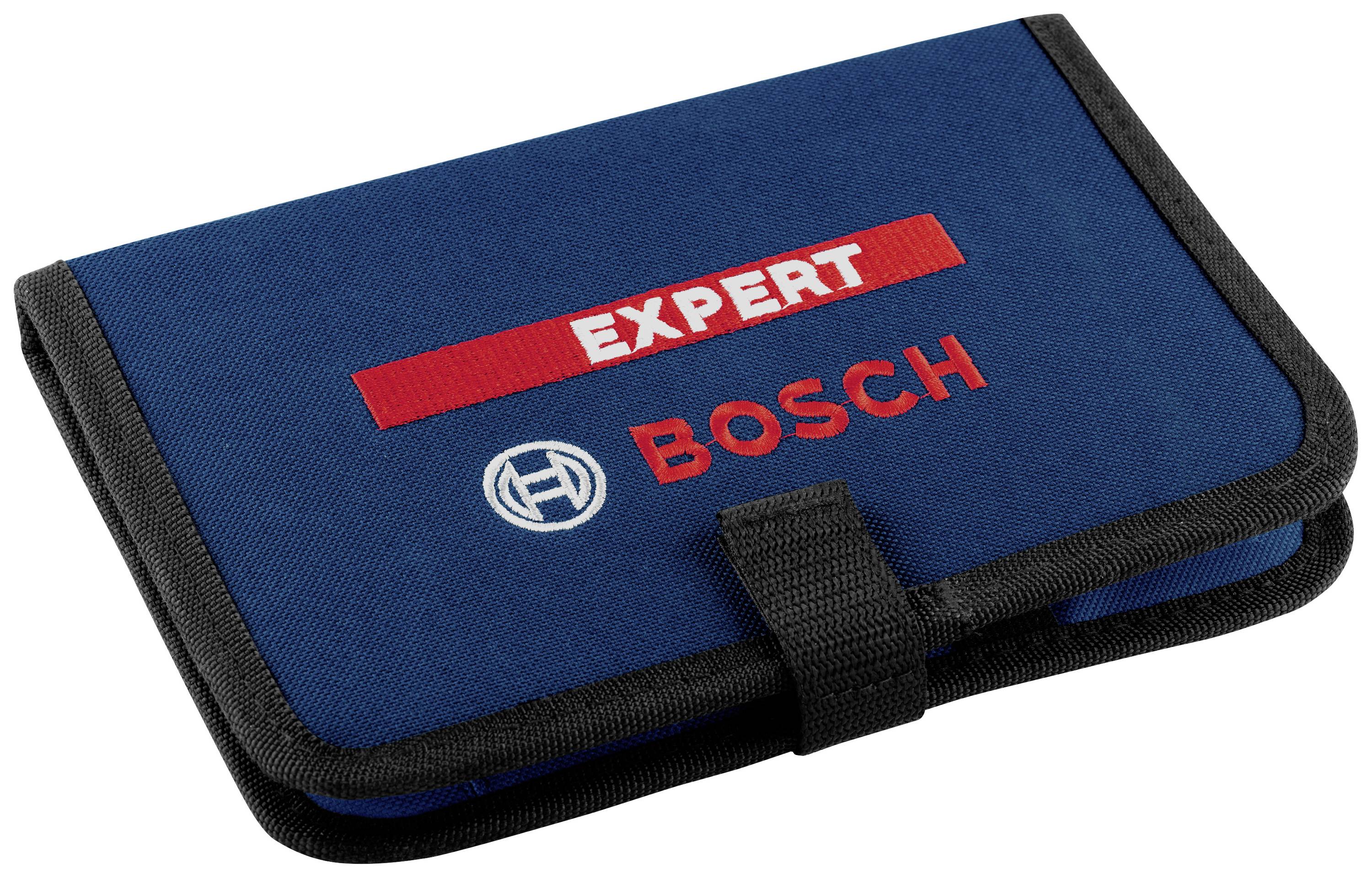 Een blauwe stoffen tas met de opdruk 'EXPERT' en 'BOSCH'. De tas heeft een zwarte rand en een sluitband.