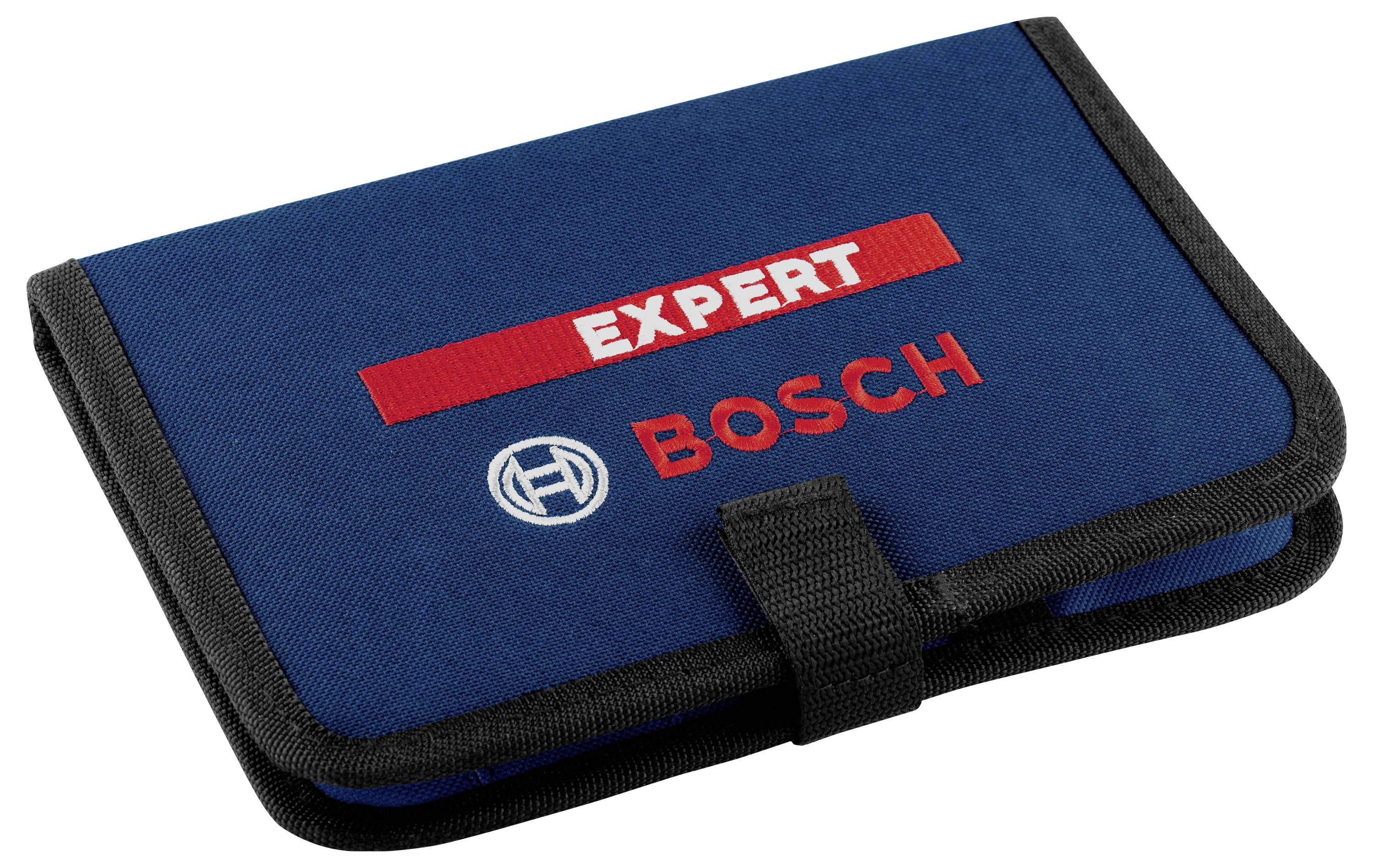 Een blauwe etui met de rode en witte opdruk 'EXPERT BOSCH', voorzien van een zwart sluitbandje aan de voorkant.