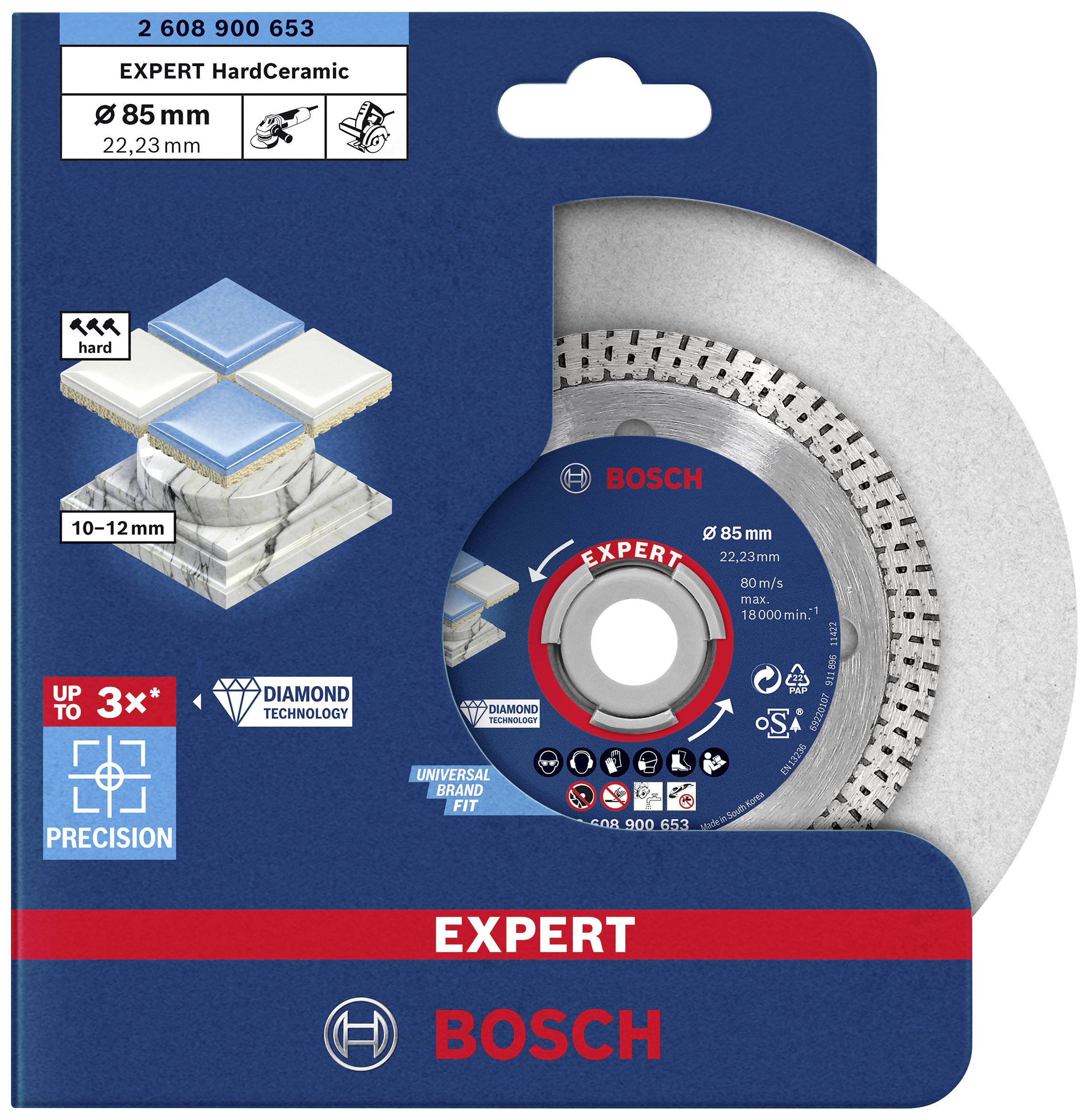 Verpakking van een Bosch diamantzaagblad voor harde keramiek. Geschikt voor tegels, beschilderd in blauw met rode en witte accenten.