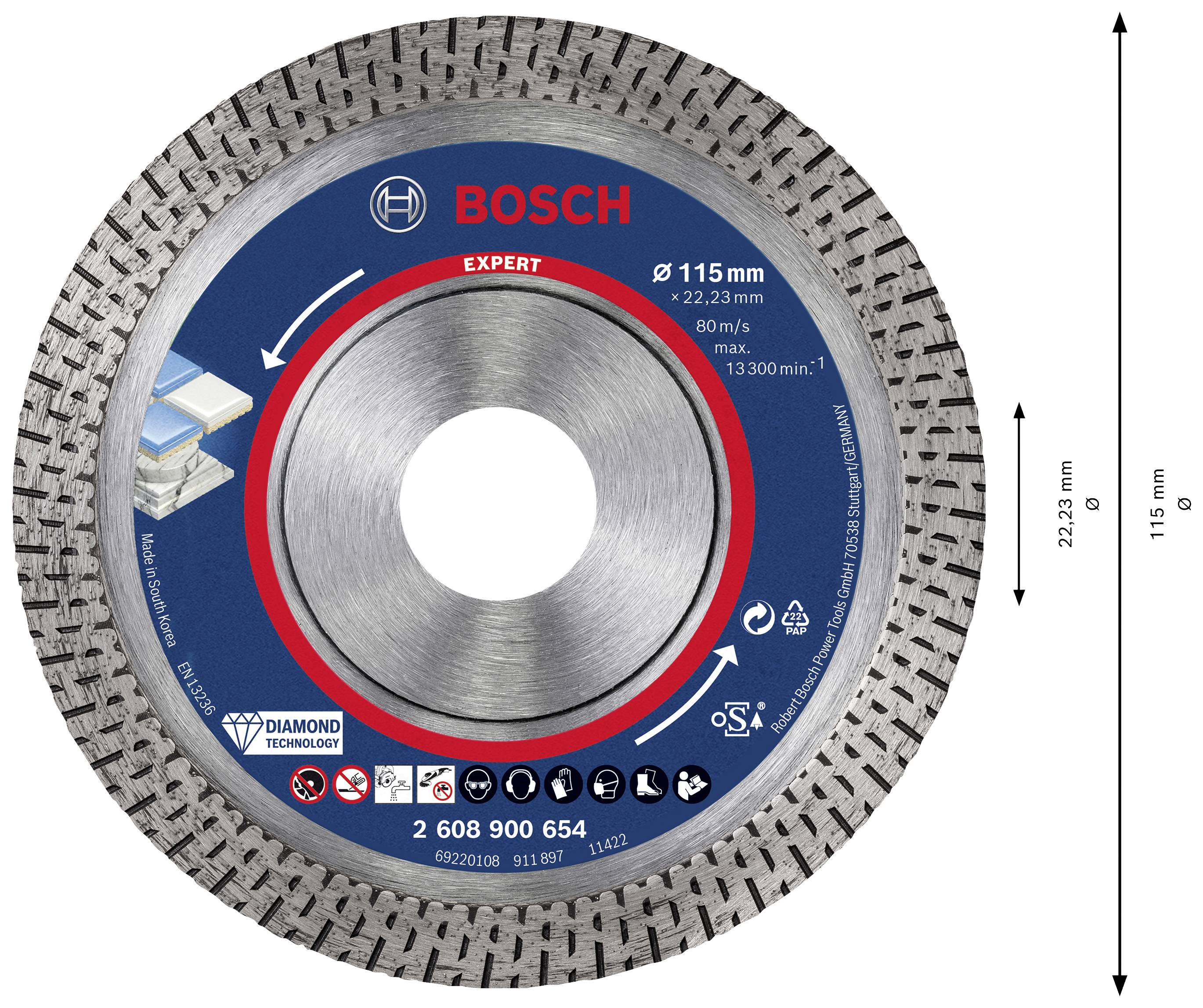 'BOSCH Expert' Diamantzaagblad, 115 mm diameter, voor beton. Gelabeld etiket met productinformaties en veiligheidssymbolen.