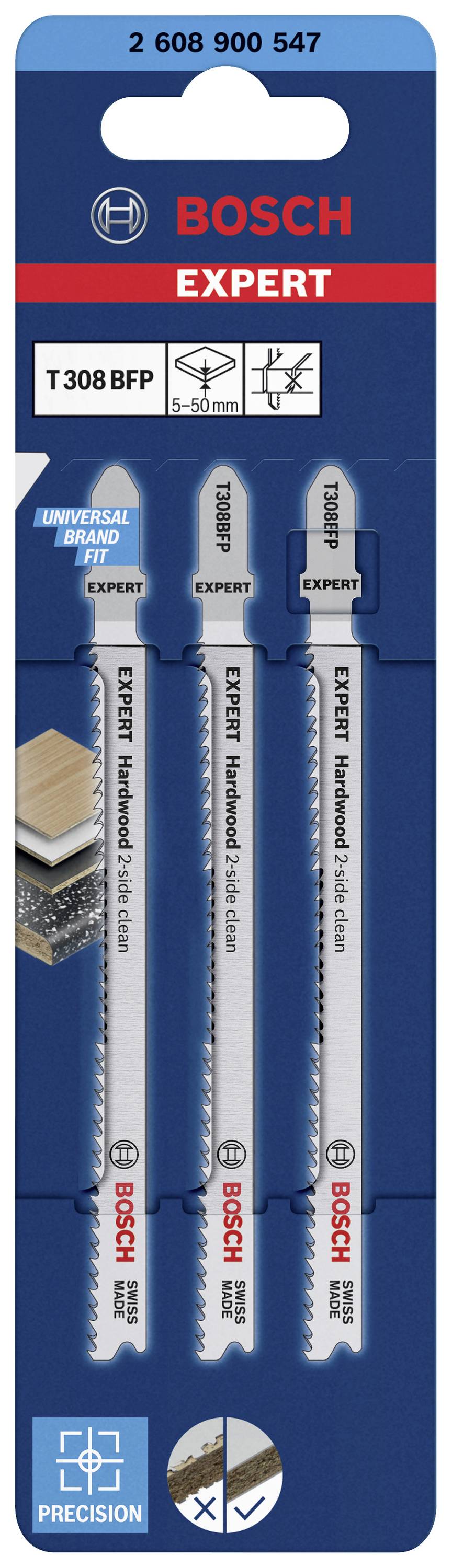 Drie decoupeerzaagbladen van Bosch Expert voor precies zagen van hout; Model T308BFP, geschikt voor panelen en plexiglas.
