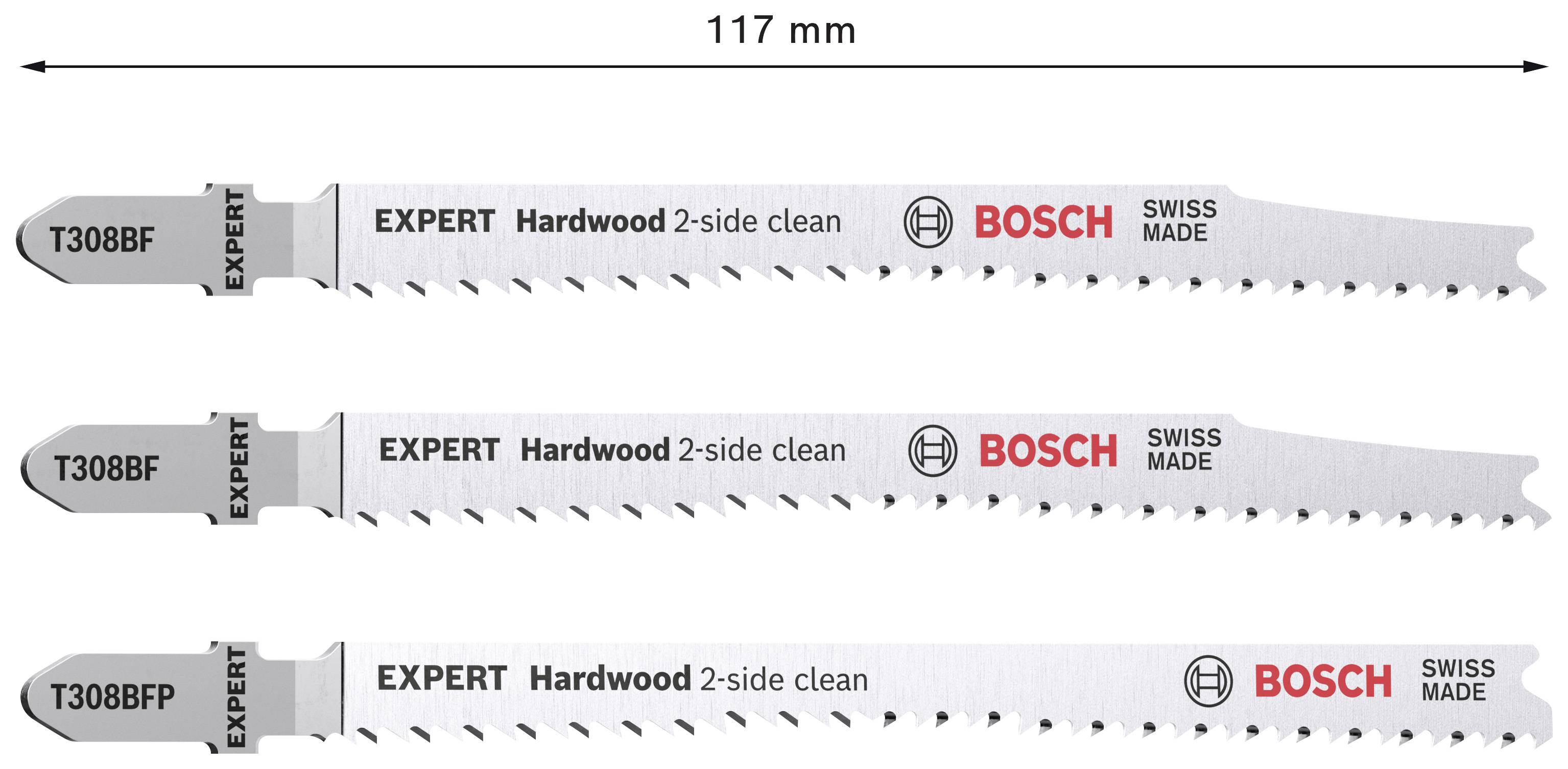 Afbeelding van drie Bosch decoupeerzaagbladen, model T308BF, 117 mm lang, speciaal ontworpen voor schone snedes in hardhout, vervaardigd in Zwitserland.