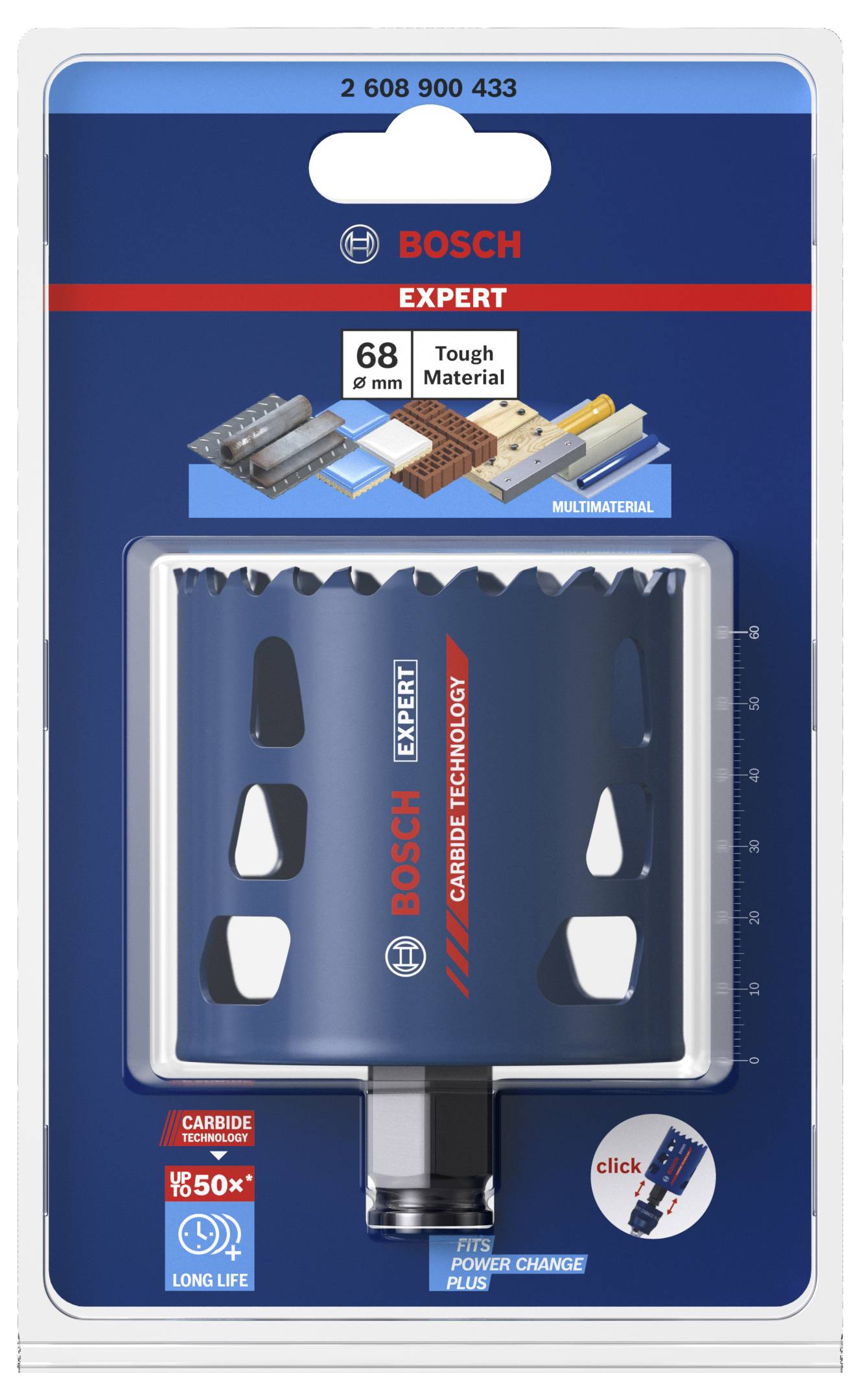 'Bosch Expert' gatenzaag voor harde materialen, diameter 68 mm. Verpakking toont product en toepassingsmogelijkheden voor meerdere materialen.