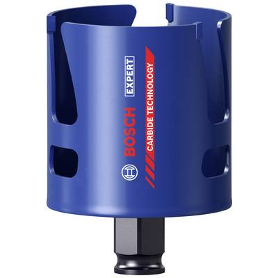 Een blauwe metalen boorbit met 'Bosch Expert' en 'Carbide Technology' in het rood beschreven. Geschikt voor nauwkeurige boringswerkzaamheden.