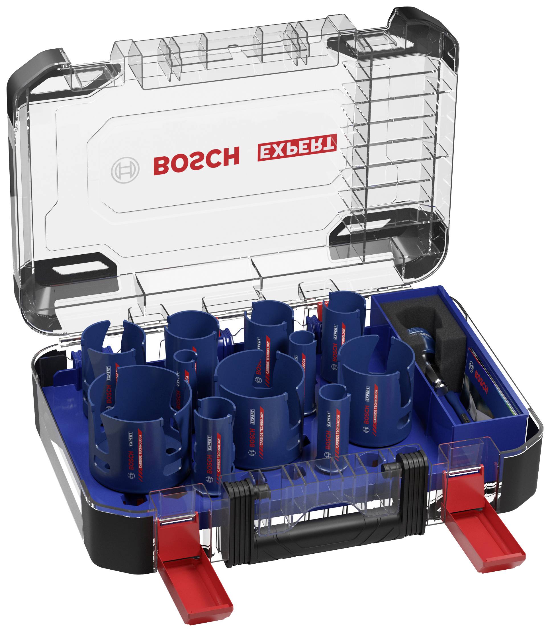Een geopende koffer met verschillende blauwe gatenzagen en een toebehooronderdeel, met het merknaam 'Bosch' op het deksel.