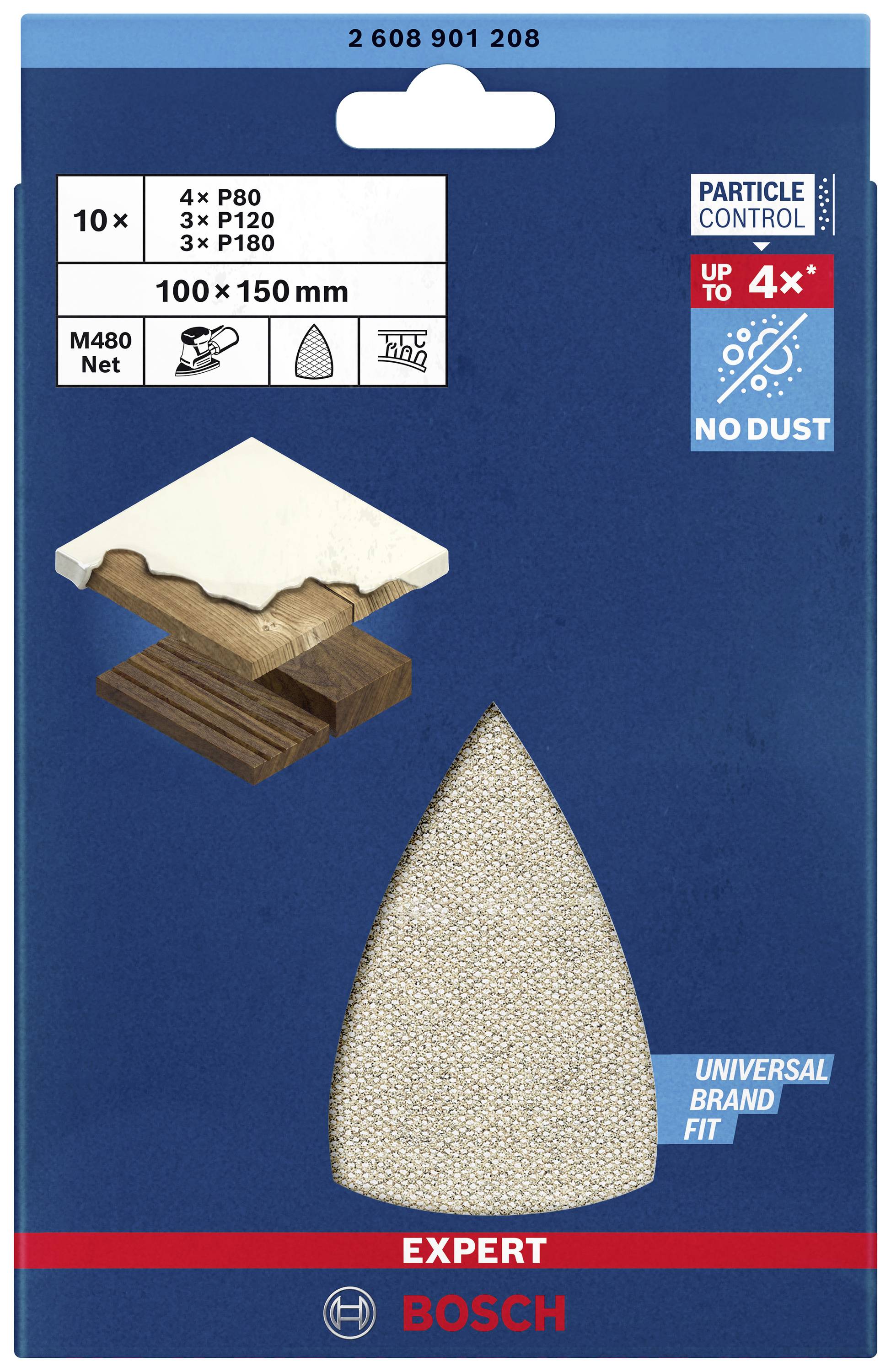 Bosch schuurpapier verpakking: Bevat 10 stuks, korrelgrootte P80, P120, P180, voor stofvrij schuren, afmetingen 100 x 150 mm.