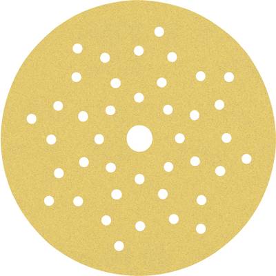 Ronde schuurschijf van geel schuurpapier met meerdere gaten voor stofafzuiging. Geschikt voor schuurmachines.