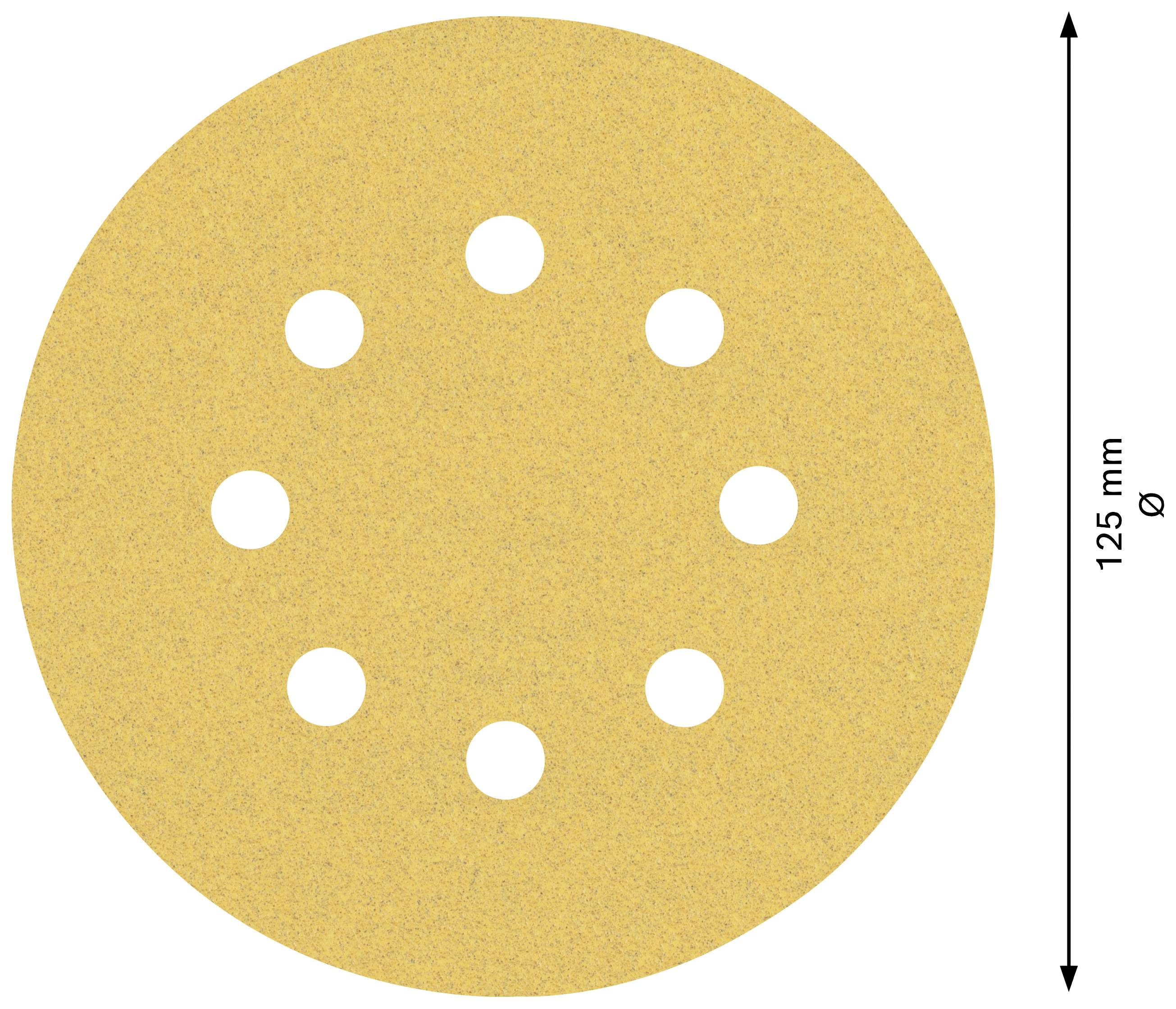 Een rond schuurpapier met een diameter van 125 mm, voorzien van tien gaten voor stofafzuiging.
