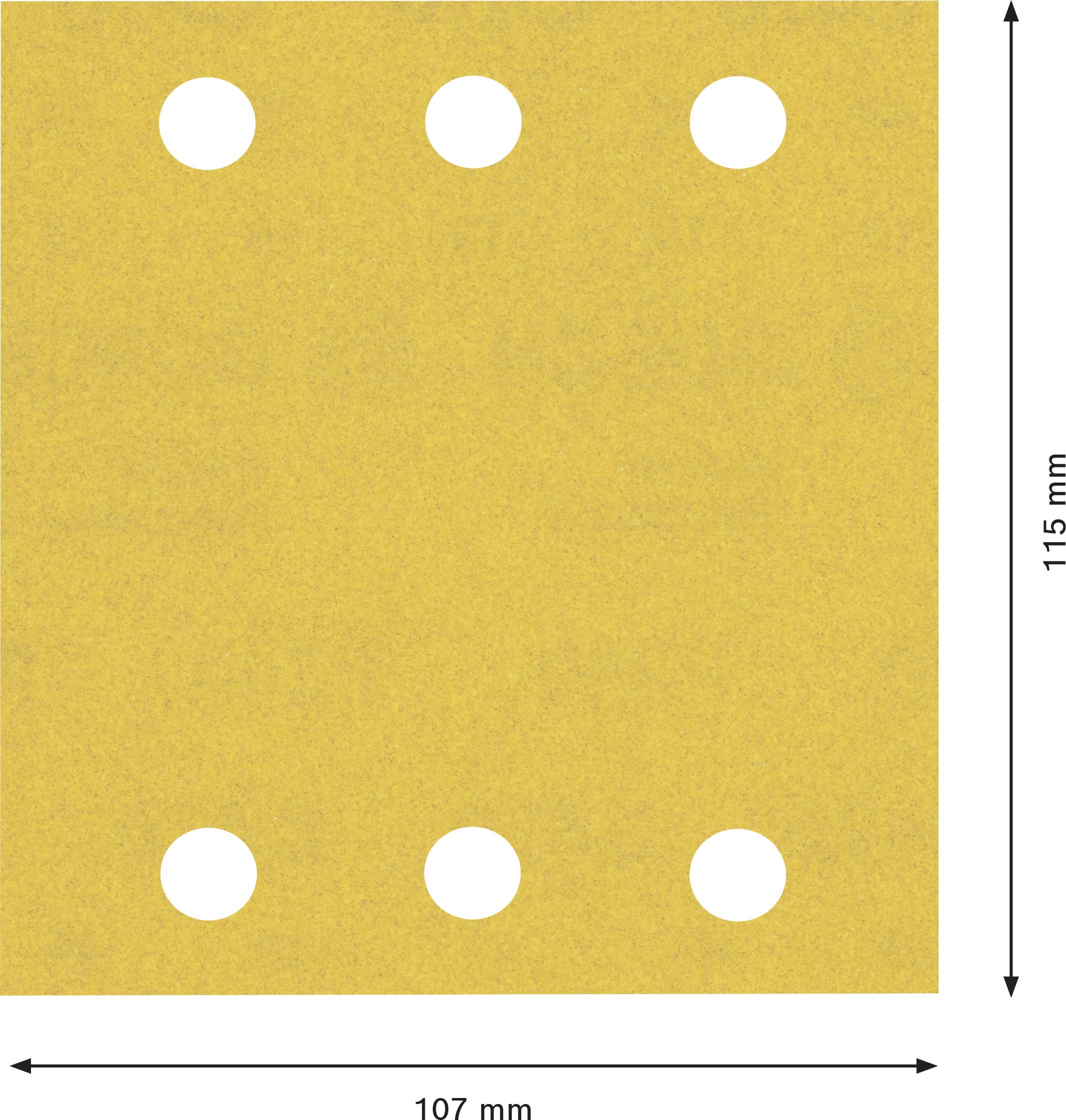 Geel schuurpapier met zes gaten, rechthoekig, afmetingen: 107 mm x 115 mm.