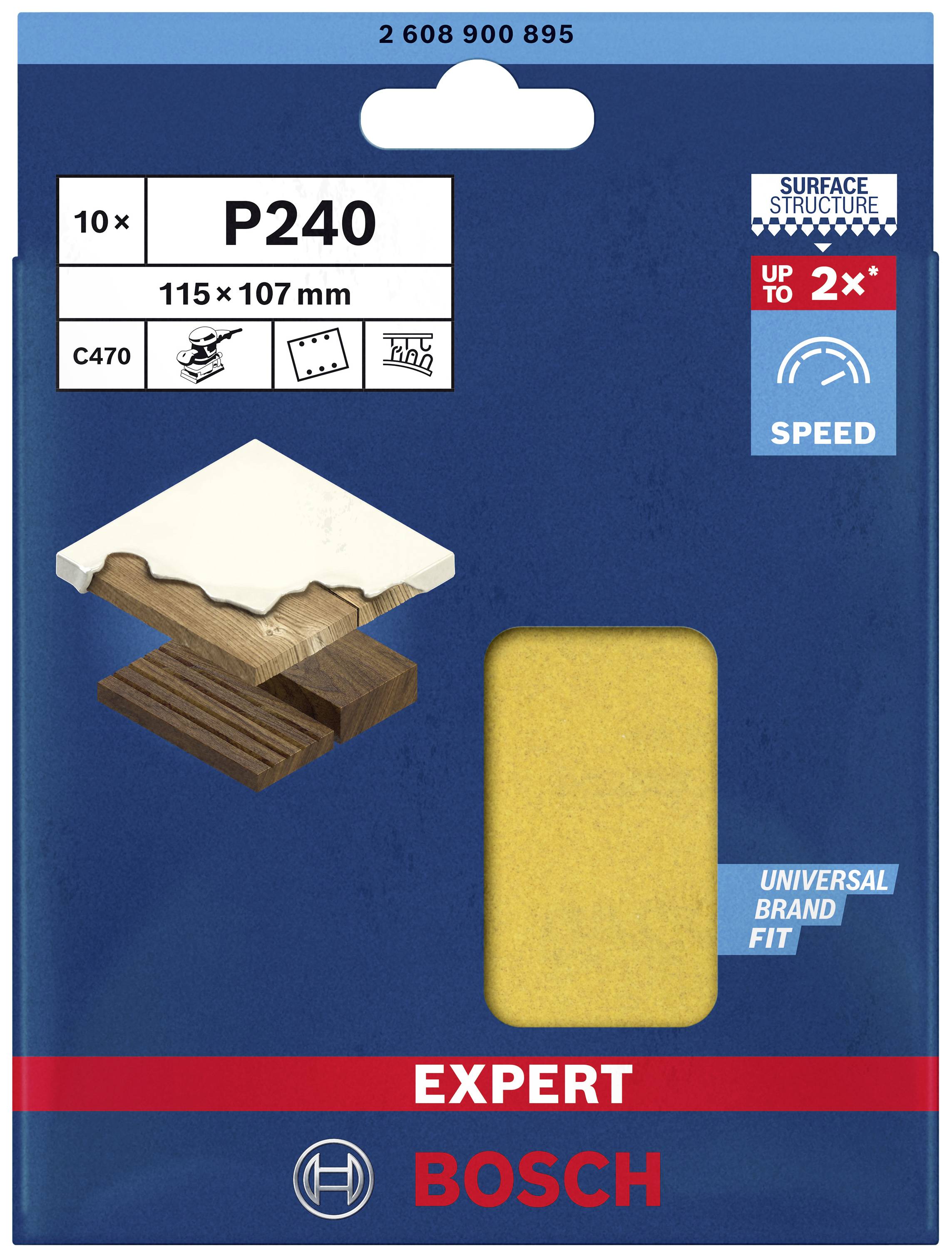 Schuurpapier-verpakking van Bosch, P240 korrelgrootte, 115x107 mm, geschikt voor hout en verf, met symbolen voor materiaal- en toepassingsgebieden.
