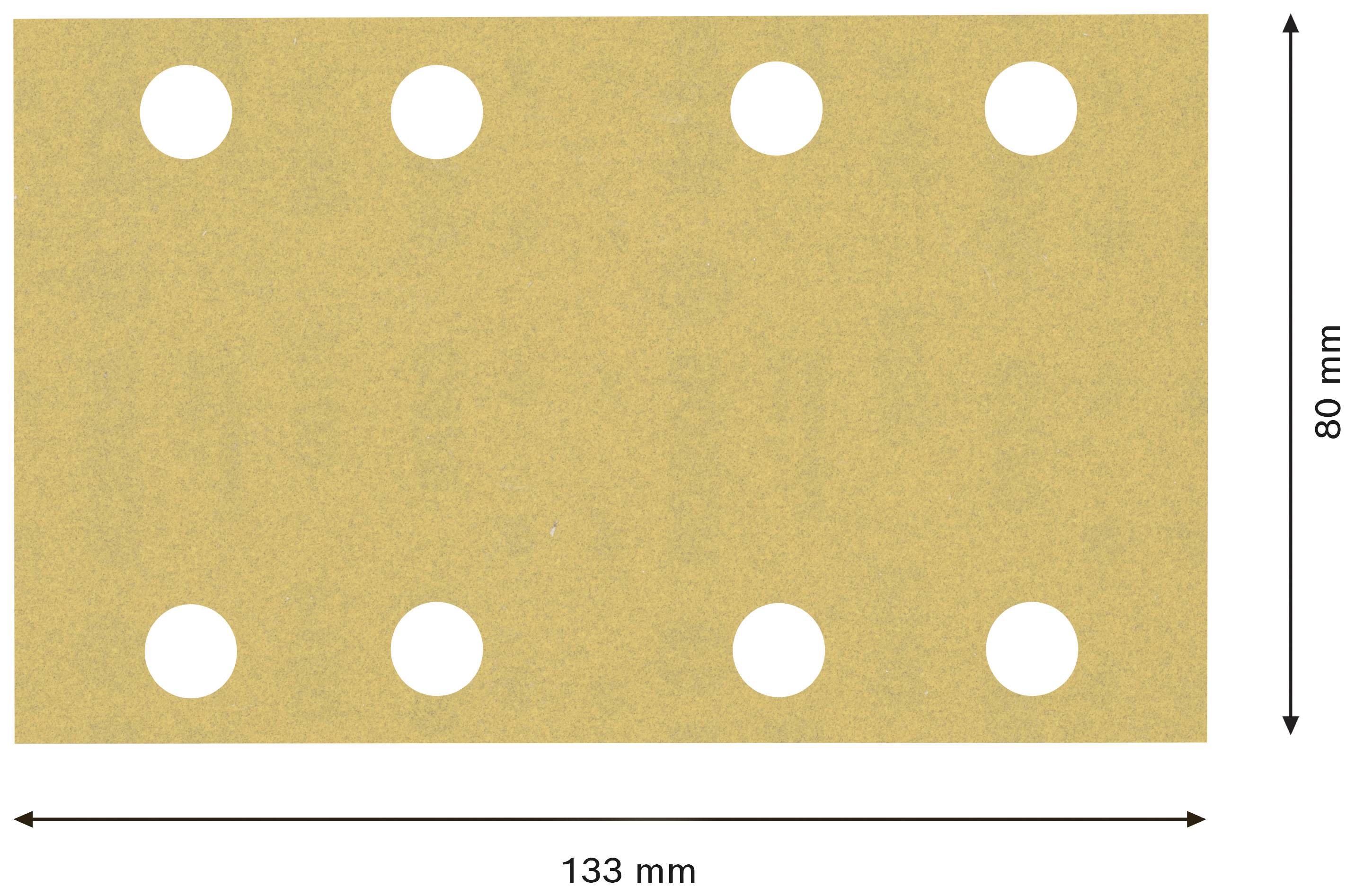 Rechthoekige kaart van bruin papier, 133 mm breed en 80 mm hoog, met acht gelijkmatig verdeelde gaten in twee rijen.