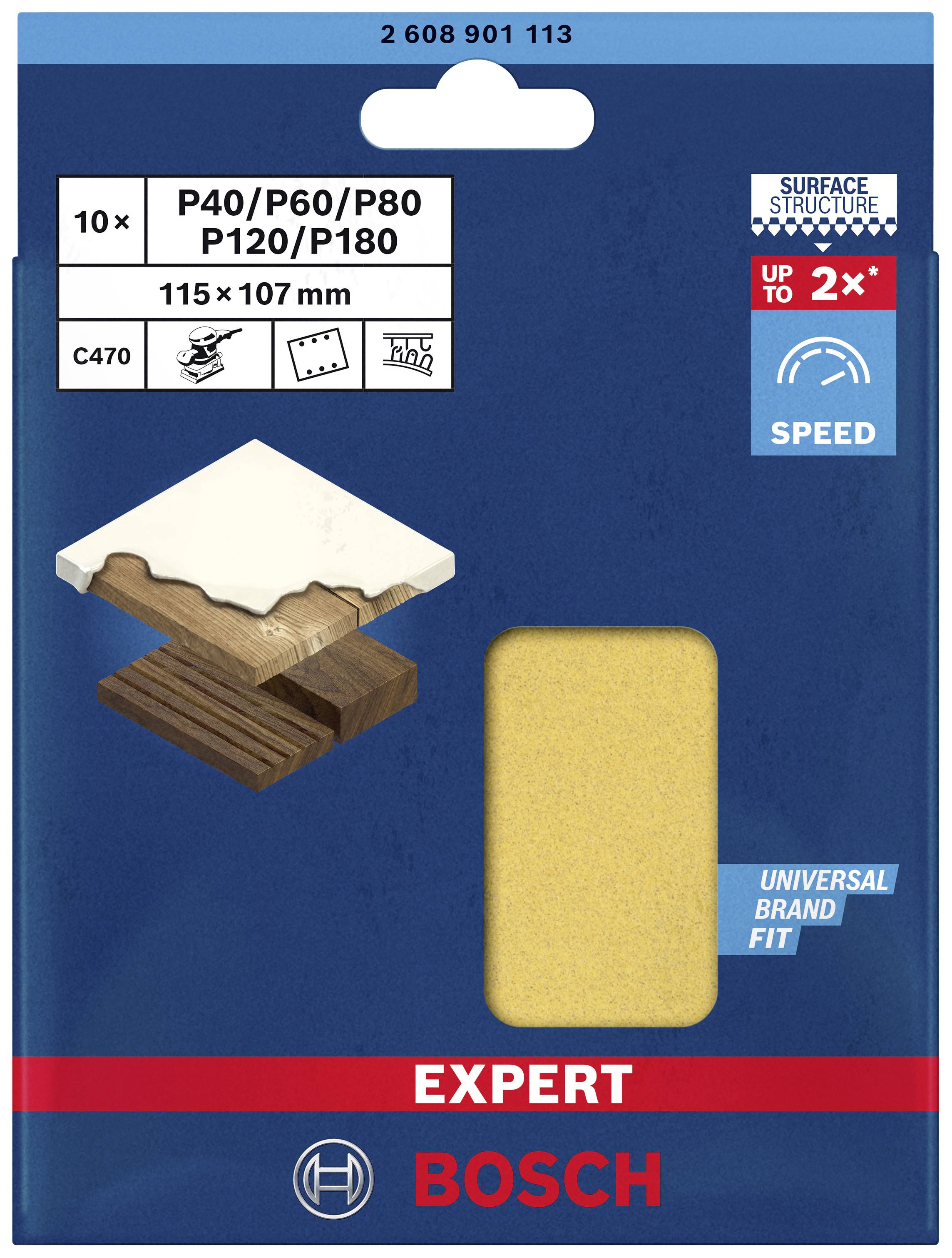 Schuurpapier-pak met 10 vellen, korrelgrootte P40 tot P180, afmeting 115x107 mm. Geschikt voor houten oppervlakken, hoge schuursnelheid.