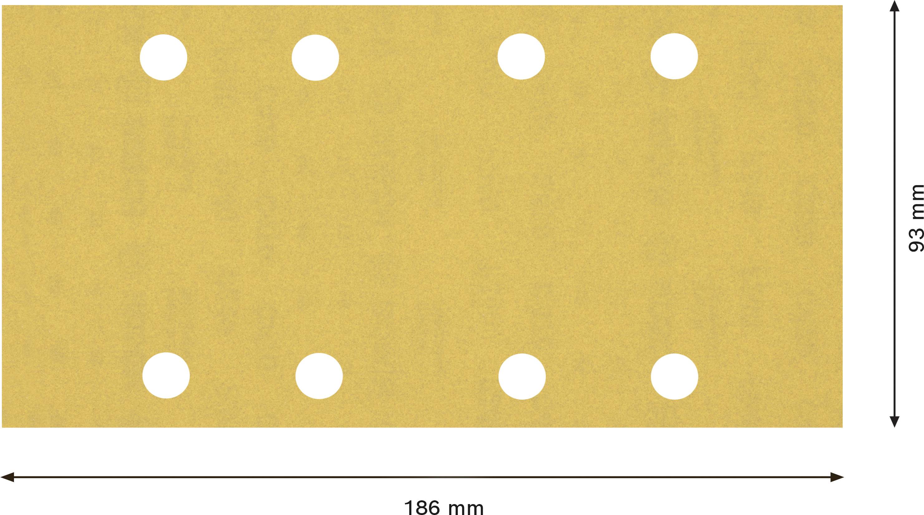 Rechthoekig oranje oppervlak met zes witte cirkels gelijkmatig verdeeld. Afmetingen: 186 mm breed, 93 mm hoog.